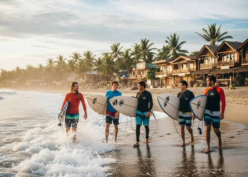 Beginner surfers walking on the beach with surfboards in La Union.