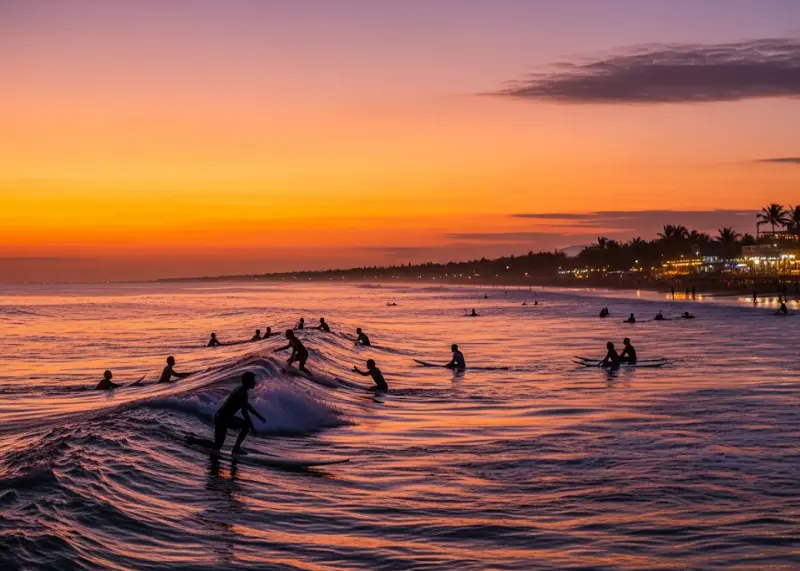 Surfers silhouetted against the sunset in La Union.