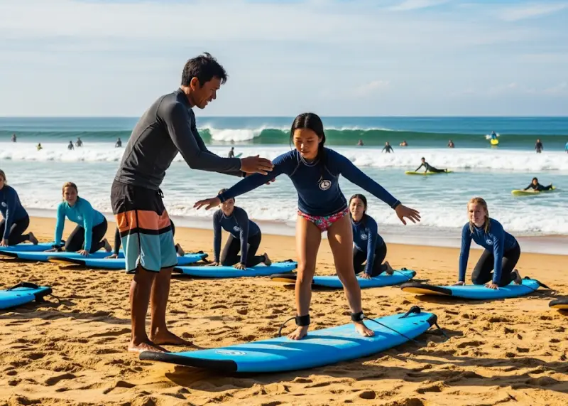 Surf instructor teaching a beginner on the sand in La Union.