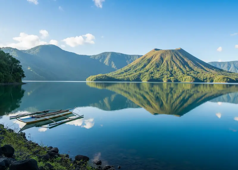 Lake Holon in South Cotabato with calm waters and mountain backdrop.