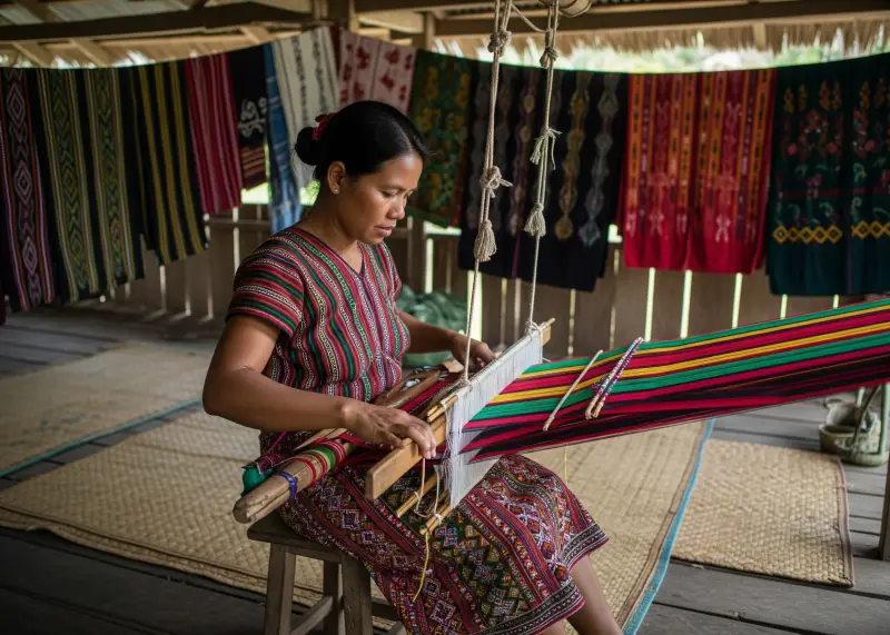 Yakan woman weaving colorful traditional textiles on a wooden loom in Lamitan.