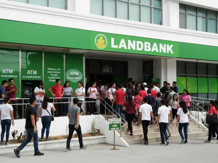 A candid, slightly low-angle photograph capturing a busy Filipino street scene with numerous people visiting their local Landbank branch.