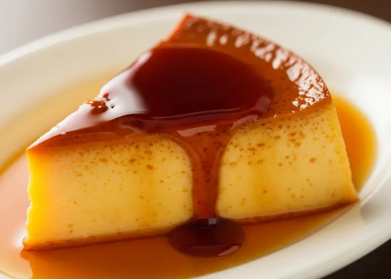 Close-up of silky leche flan slice with caramel syrup.