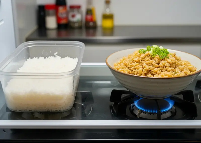 Leftover rice stored in a tupperware and repurposed as garlic fried rice.