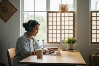 Filipino working from home on a laptop with coffee at a simple desk.