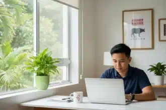 A Filipino professional smiling while working on a laptop in a comfortable home office, with a cup of local coffee on the desk.