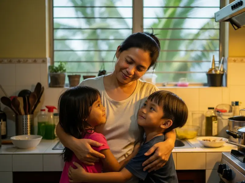 Children hugging their tired mom in the kitchen.