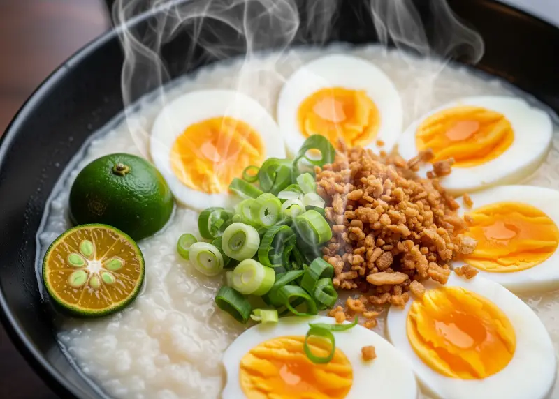 Lugaw with boiled egg, fried garlic, and calamansi garnish.