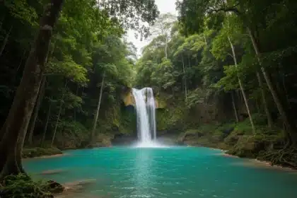 A hidden waterfall in Catanduanes surrounded by lush jungle with a turquoise pool below.