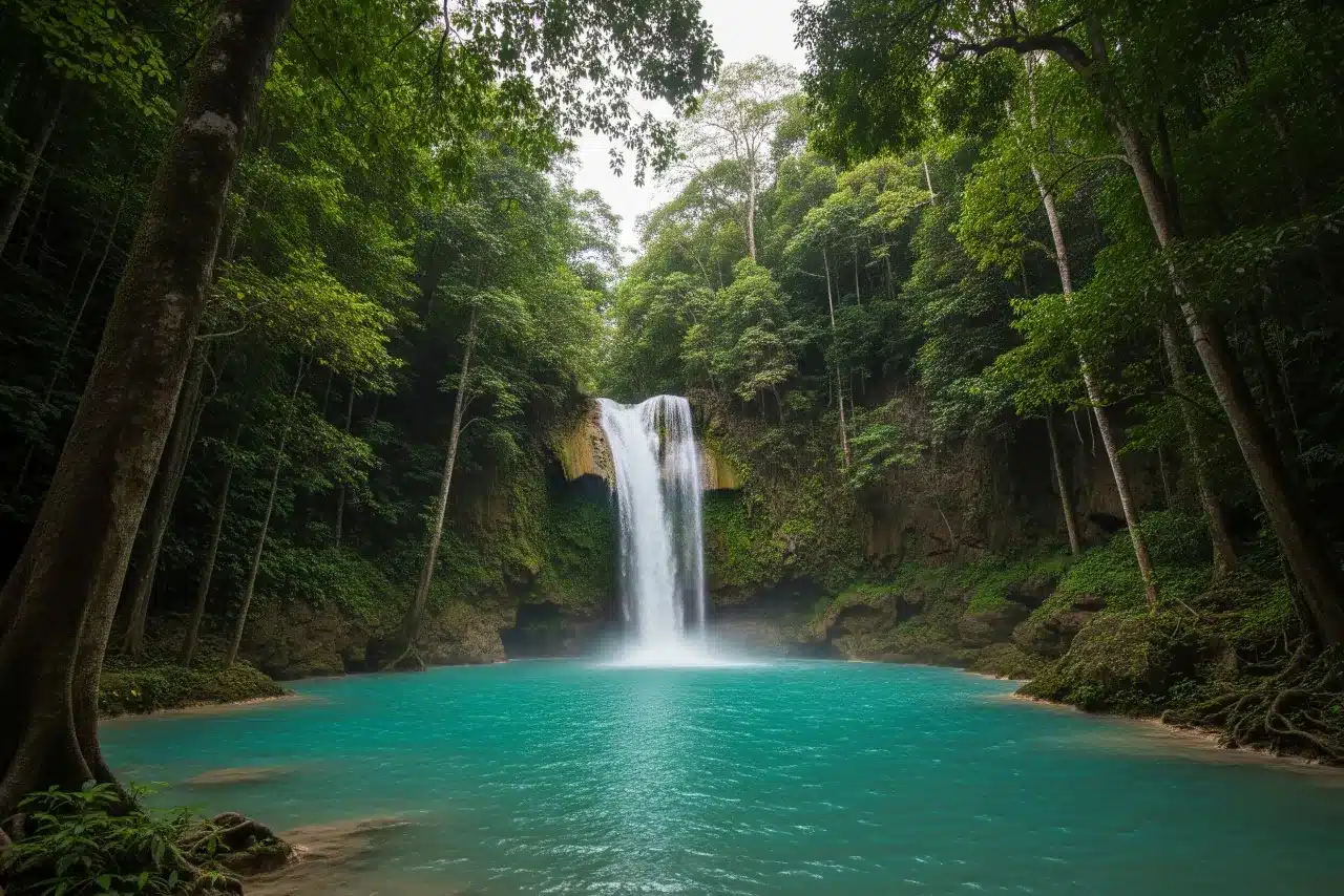 A hidden waterfall in Catanduanes surrounded by lush jungle with a turquoise pool below.