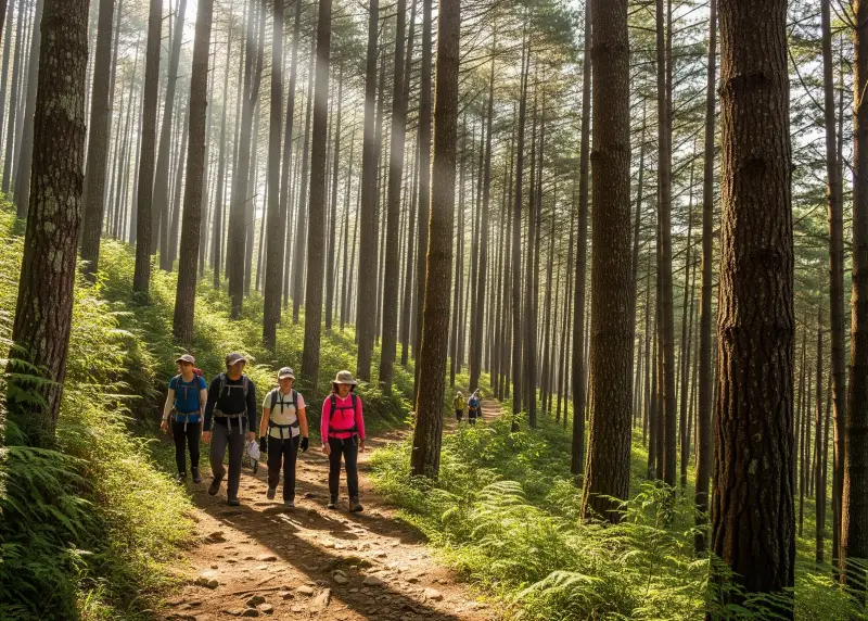 Hikers walking along a pine forest trail in Malaybalay City.