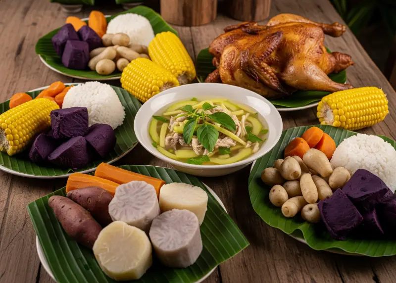 Traditional Bukidnon highland food served on a wooden table with banana leaves.