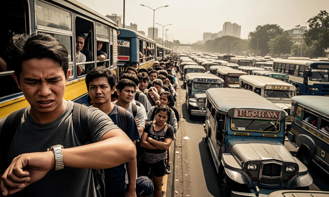 A crowded and chaotic scene of commuters waiting for public transport in Manila, highlighting the daily struggle with traffic and long queues.