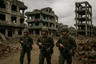 Philippine soldiers patrol the devastated streets of Marawi City after the 2017 siege.