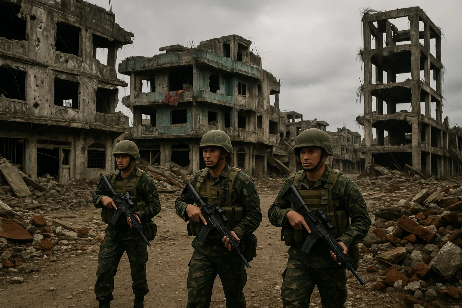 Philippine soldiers patrol the devastated streets of Marawi City after the 2017 siege.