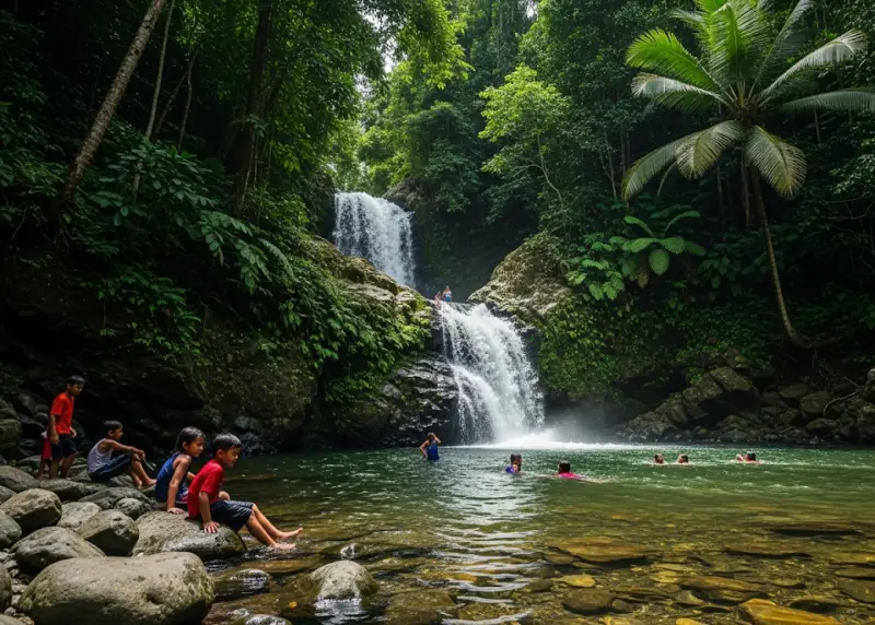 Maribina Falls in Catanduanes with locals swimming in its natural pool.