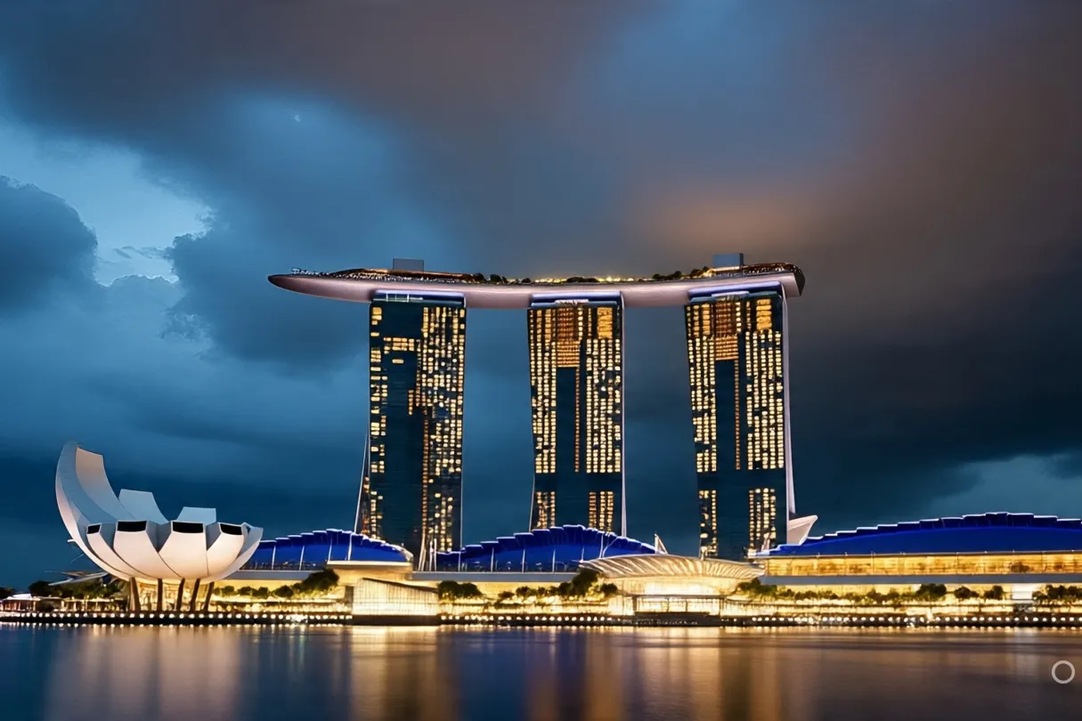 Marina Bay Sands at night, lit up dramatically with storm clouds above