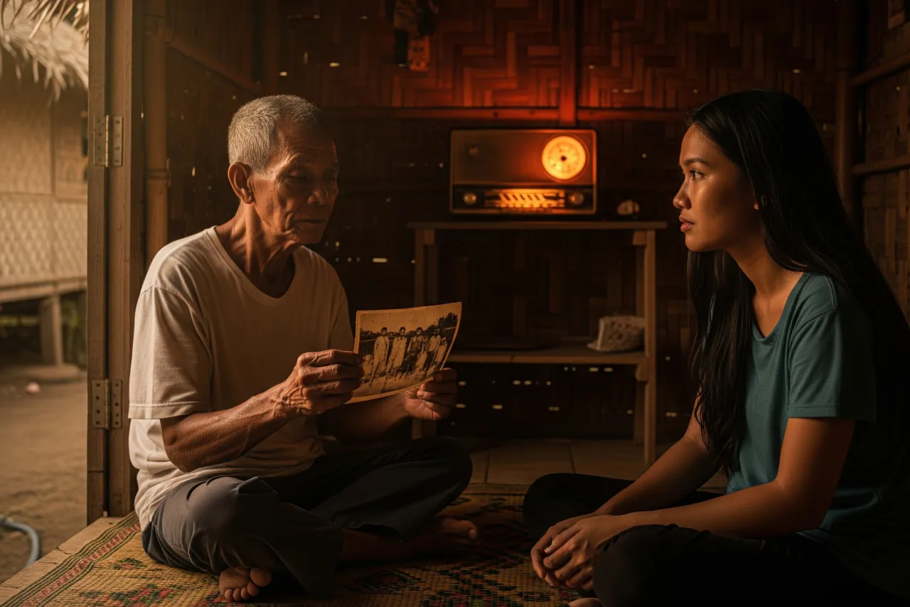elderly filipino man holding a faded photo as he recounts martial law memories to his family — oral history of martial law victims