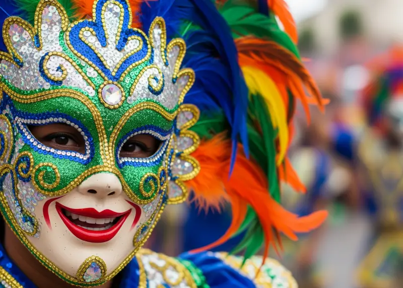 Dancer wearing a smiling mask with feathers at Bacolod’s MassKara Festival.
