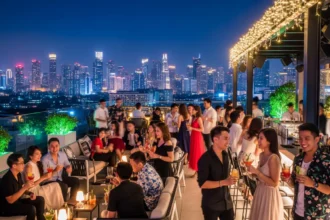 A lively rooftop bar in Metro Manila, showcasing the city's vibrant nightlife scene.