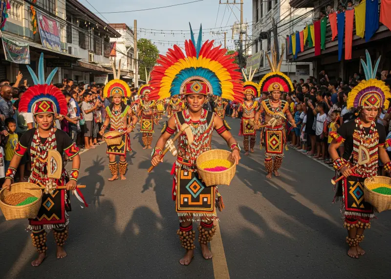 Performers in colorful traditional costumes dancing during a Mindanao festival.