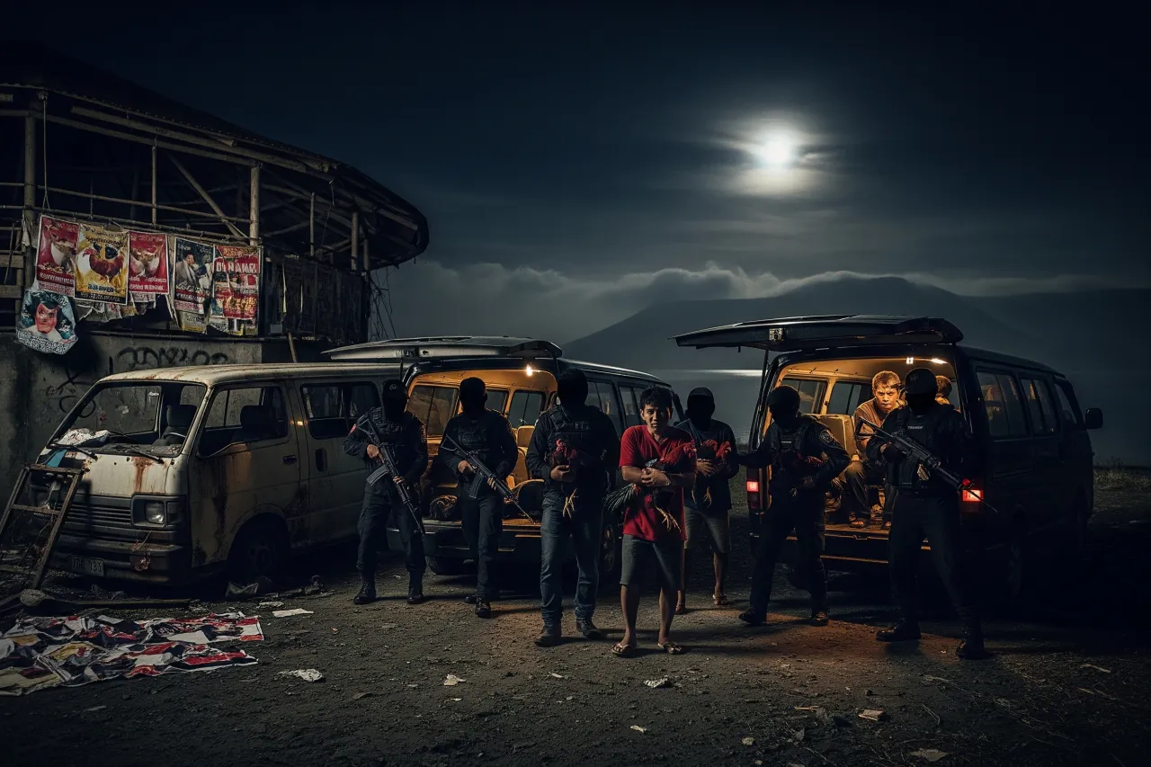 Close-up of a terrified man being led away by armed men at night in a rural Filipino barrio.