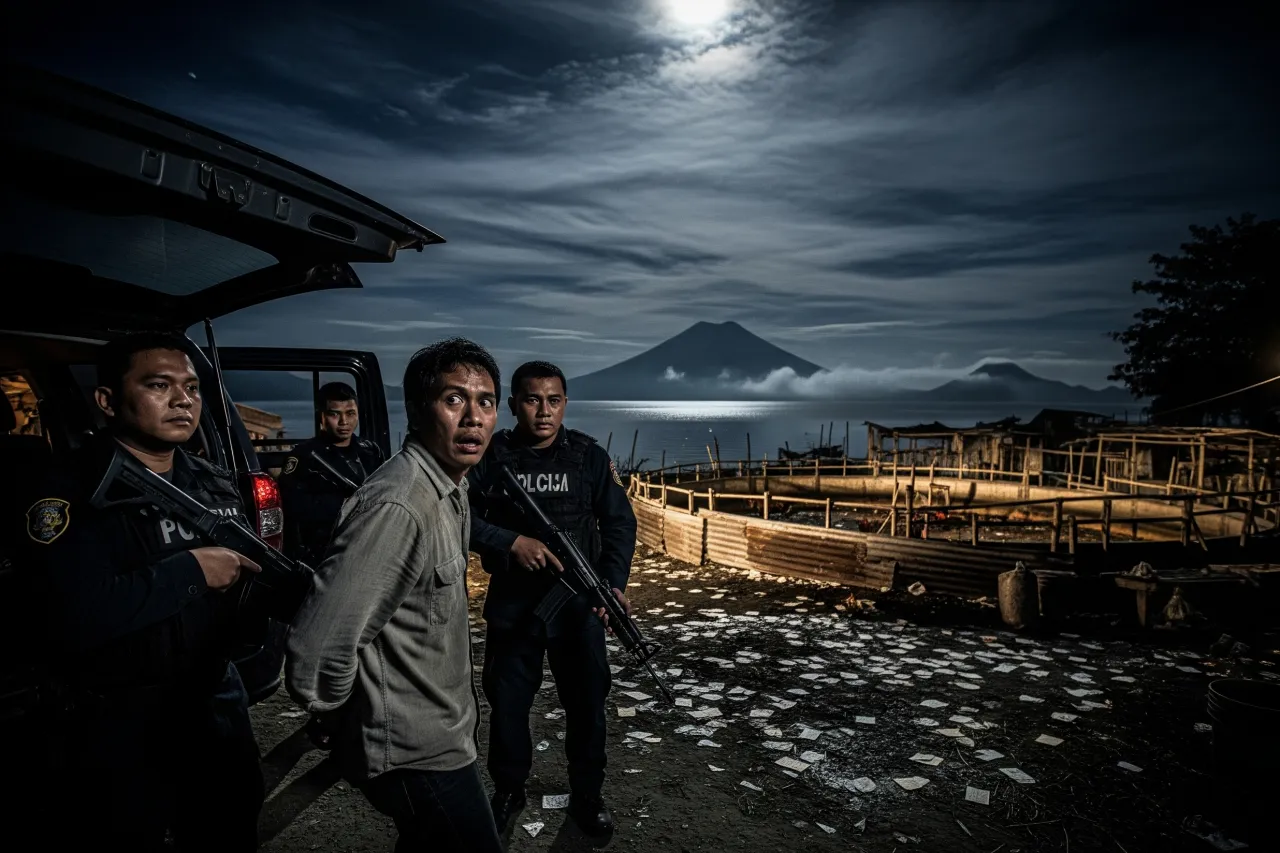 Gritty nighttime scene of a counterintelligence-style raid in a rural Filipino barrio linked to missing cockfighting enthusiasts.