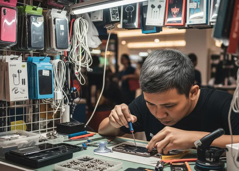 Filipino mobile phone repair stall selling accessories and fixing gadgets.