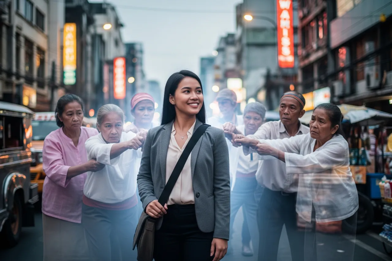 A young Filipino woman being held back by ghostly figures, symbolizing the burden of outdated Filipino customs like 'utang na loob' and social pressure.
