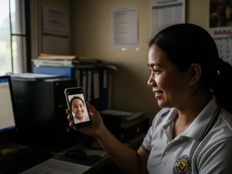 Working Filipina mom video calling her child during office hours.
