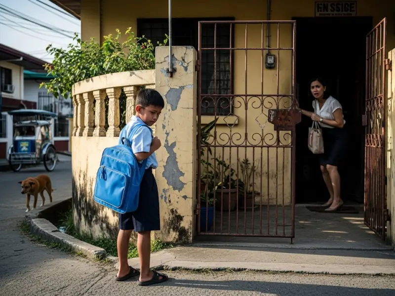 Child waiting with a school bag while mom rushes to work.