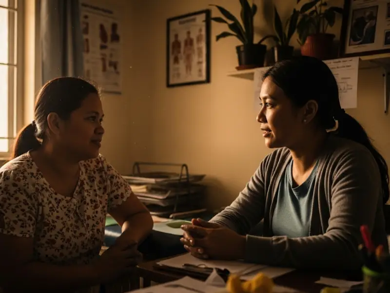 Filipina mom consulting with a counselor in a small clinic.