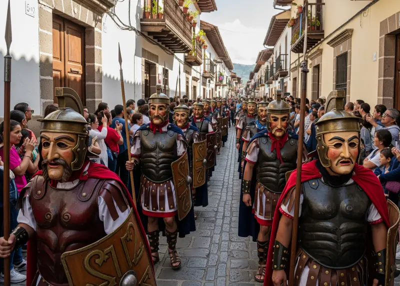 Moriones performers in Roman soldier masks parading through Marinduque streets.