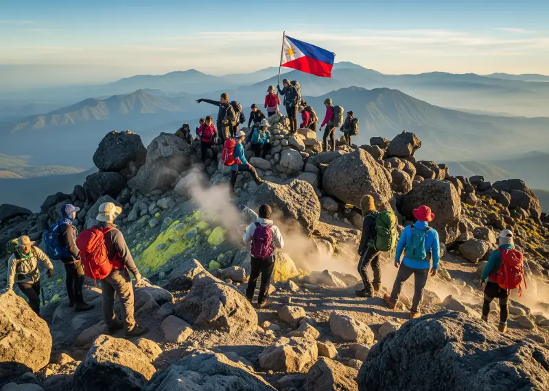 Climbers standing at Mt. Apo’s rocky summit with the Philippine flag.