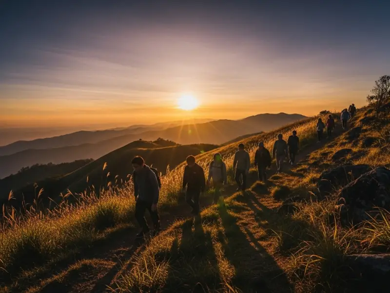 Friends hiking Mt. Batulao at sunrise with golden light on the hills.