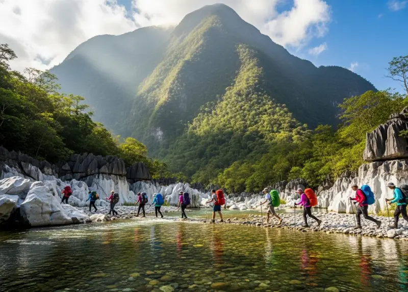 Hikers crossing Tinipak River with Mt. Daraitan in the background.