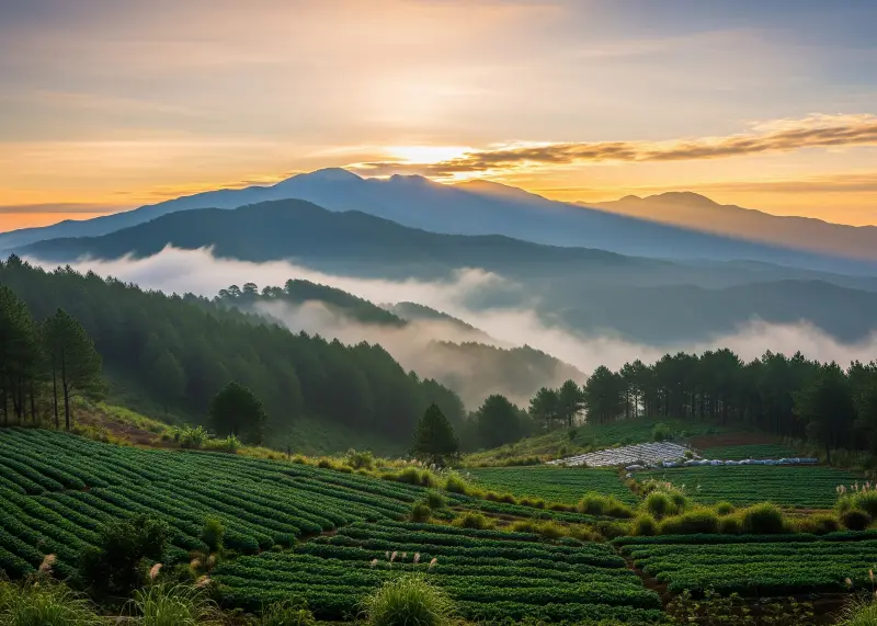 Panoramic view of Mt. Kitanglad mountain range with pine trees and farms.
