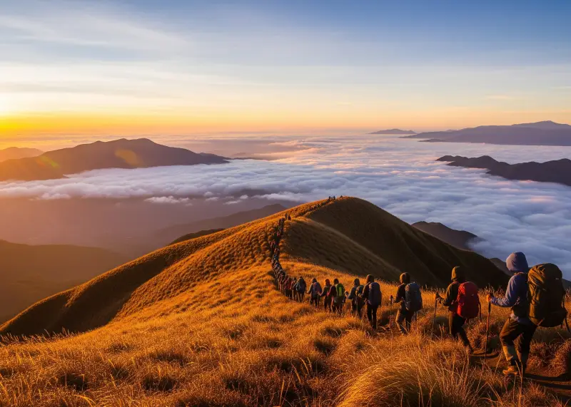 Hikers at Mt. Pulag summit overlooking the famous sea of clouds.