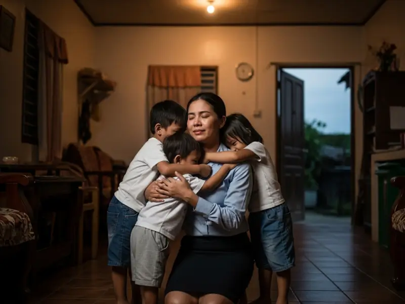Children hugging their working mom as she comes home tired but smiling.