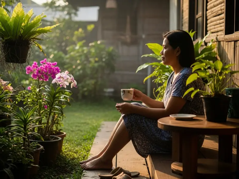 Filipino mom enjoying a quiet coffee moment in her small garden.