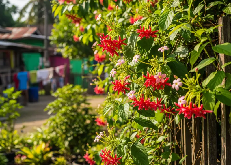 Niyog-niyogan vine with pink and red flowers growing on a fence.