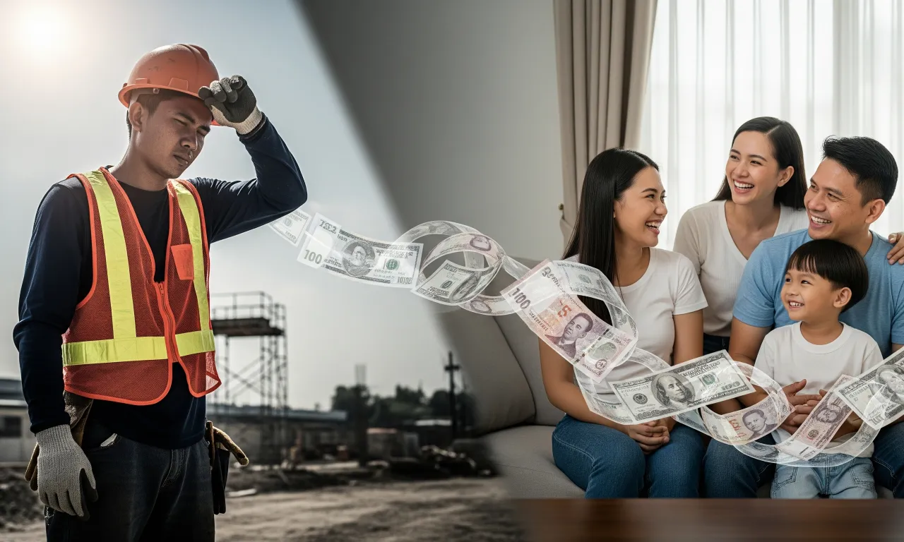 A visual contrast showing an OFW working abroad and their family thriving in the Philippines, illustrating how OFW remittances are a lifeline for the Philippine economy.