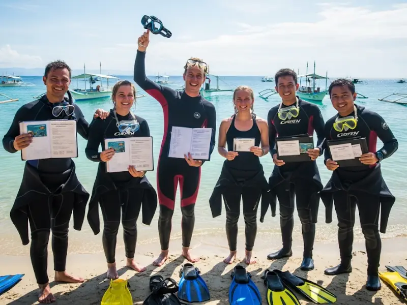 Group of new divers holding certificates by the beach in the Philippines.