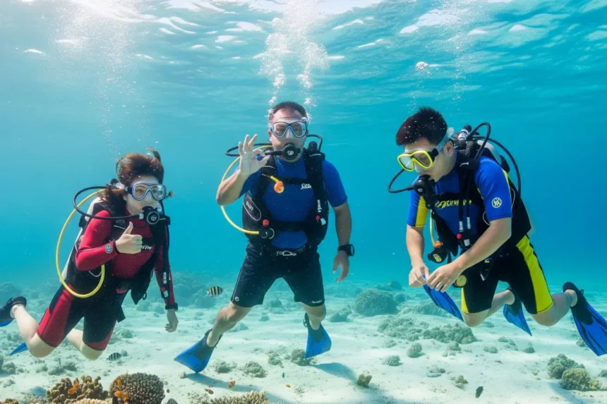 Beginner Filipino divers with an instructor practicing hand signals underwater with corals and reef fish in the background.
