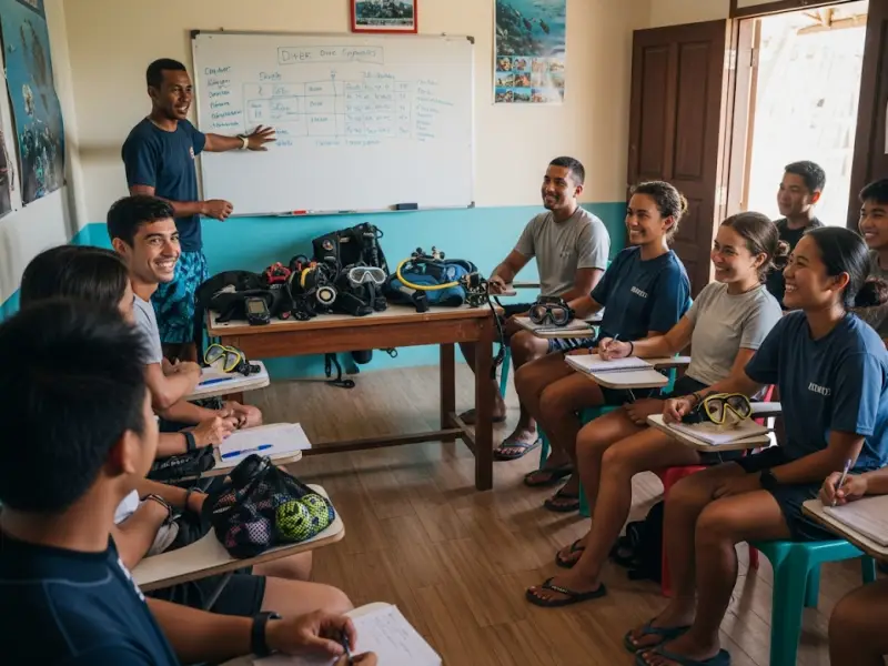 Diving students in a classroom orientation at a dive shop in the Philippines.