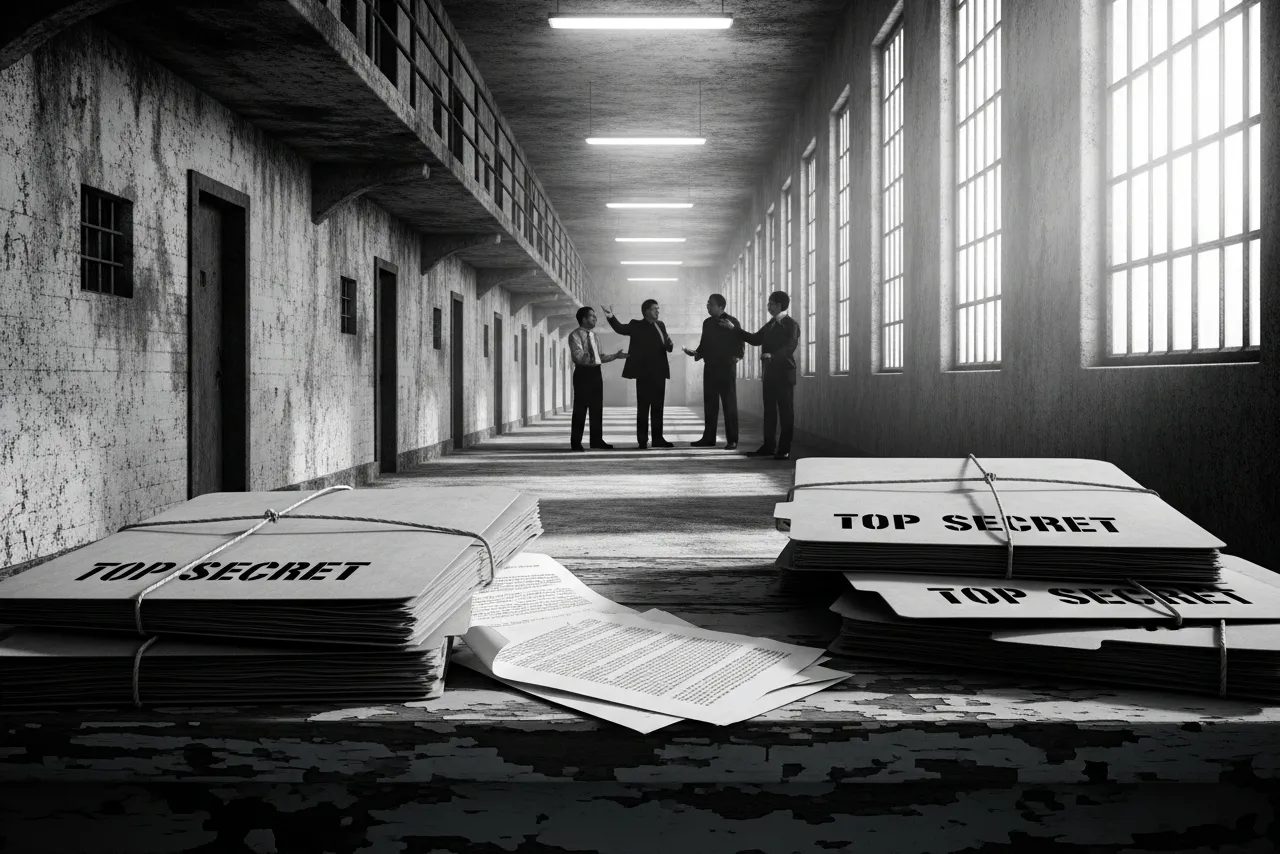 An old black-and-white prison hallway with barred windows, files marked “Top Secret” on a table in the foreground
