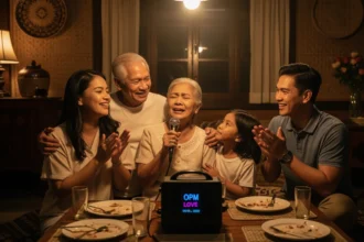 A Filipino family singing along to an OPM love song, symbolizing the enduring popularity of ballads in Philippine culture.