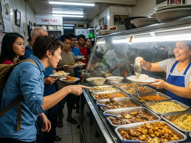 Traveler ordering at a carinderia counter like a local while others wait in line.