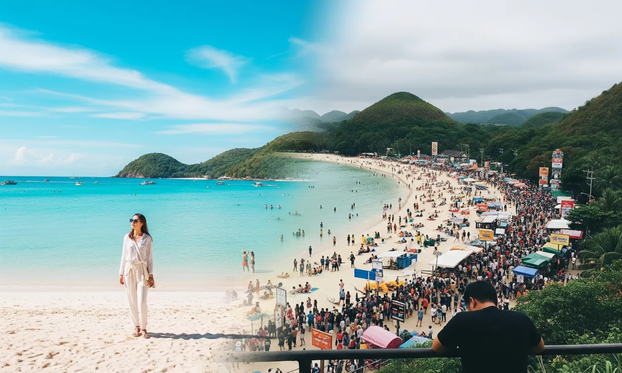 A side-by-side comparison of a highly-filtered tourist spot and its crowded, real-life version, highlighting the difference between expectations and reality.