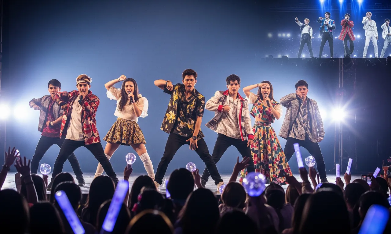 A P-Pop group performing with a passionate Filipino crowd, with a ghostly K-Pop group in the background, symbolizing the P-Pop vs K-Pop debate in the Philippines.